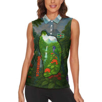 Dominica Nature Women Sleeveless Polo Shirt Sisserou Parrot and Waterfall Island Map with National Flag Design - Wonder Print Shop