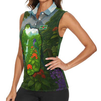 Dominica Nature Women Sleeveless Polo Shirt Sisserou Parrot and Waterfall Island Map with National Flag Design - Wonder Print Shop