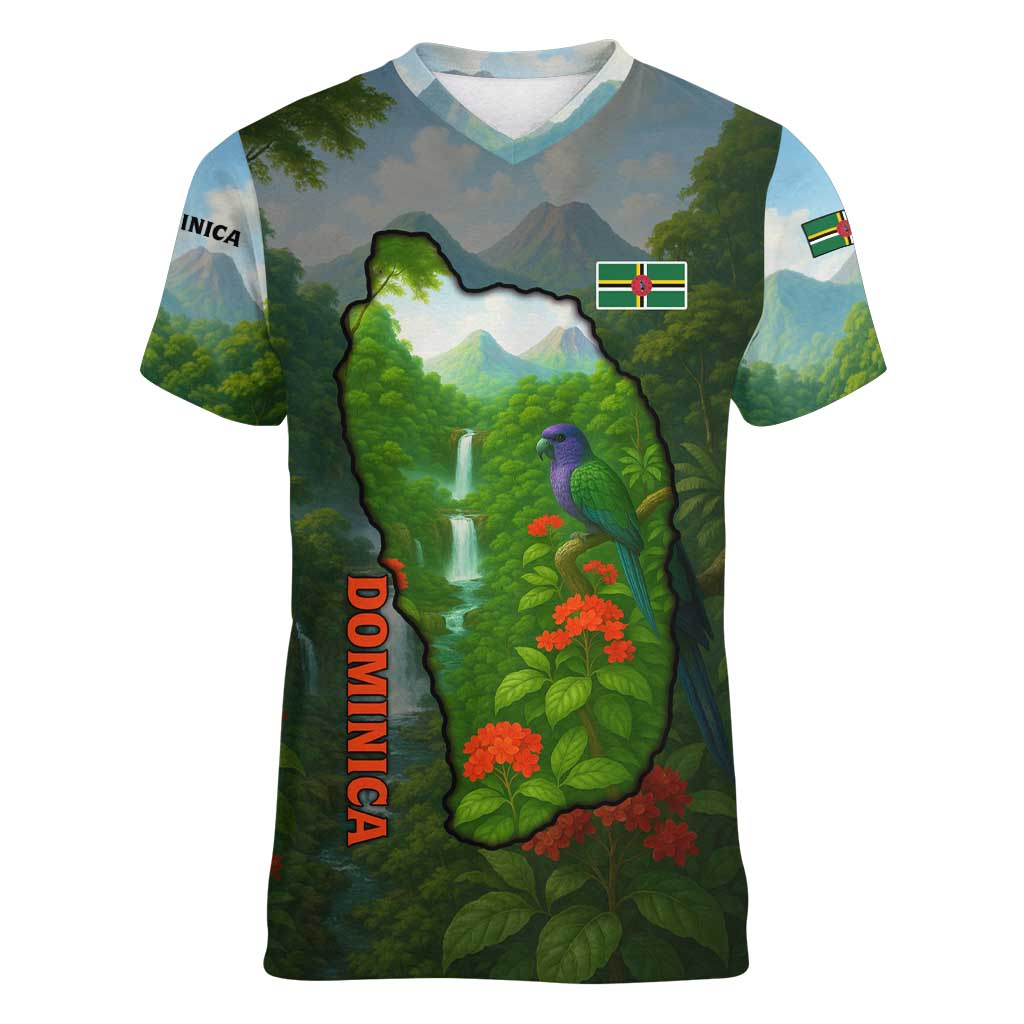 Dominica Nature Women V-Neck T-Shirt Sisserou Parrot and Waterfall Island Map with National Flag Design - Wonder Print Shop