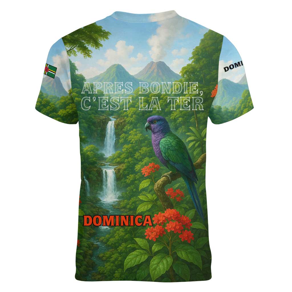 Dominica Nature Women V-Neck T-Shirt Sisserou Parrot and Waterfall Island Map with National Flag Design - Wonder Print Shop