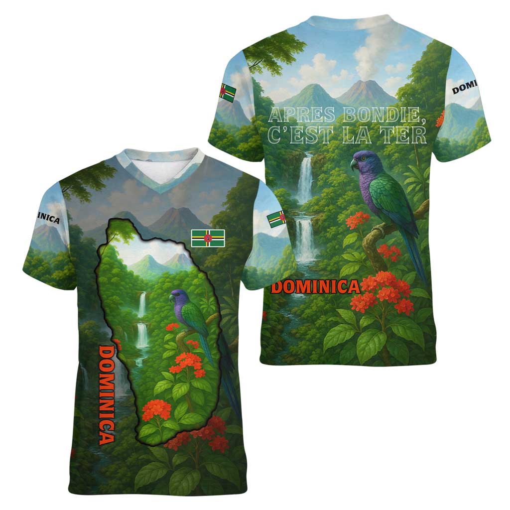 Dominica Nature Women V-Neck T-Shirt Sisserou Parrot and Waterfall Island Map with National Flag Design - Wonder Print Shop