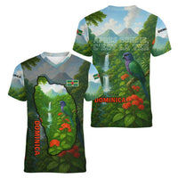 Dominica Nature Women V-Neck T-Shirt Sisserou Parrot and Waterfall Island Map with National Flag Design - Wonder Print Shop