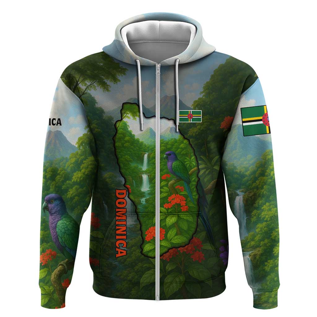 Dominica Nature Zip Hoodie Sisserou Parrot and Waterfall Island Map with National Flag Design - Wonder Print Shop