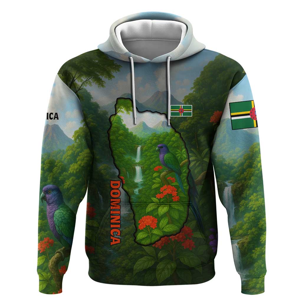 Dominica Nature Zip Hoodie Sisserou Parrot and Waterfall Island Map with National Flag Design - Wonder Print Shop