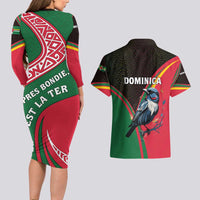 Dominica Couples Matching Long Sleeve Bodycon Dress and Hawaiian Shirt with Sisserou Parrot and Tribal Pattern Design - Wonder Print Shop