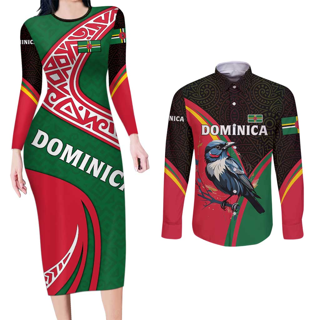 Dominica Couples Matching Long Sleeve Bodycon Dress and Long Sleeve Button Shirt with Sisserou Parrot and Tribal Pattern Design - Wonder Print Shop
