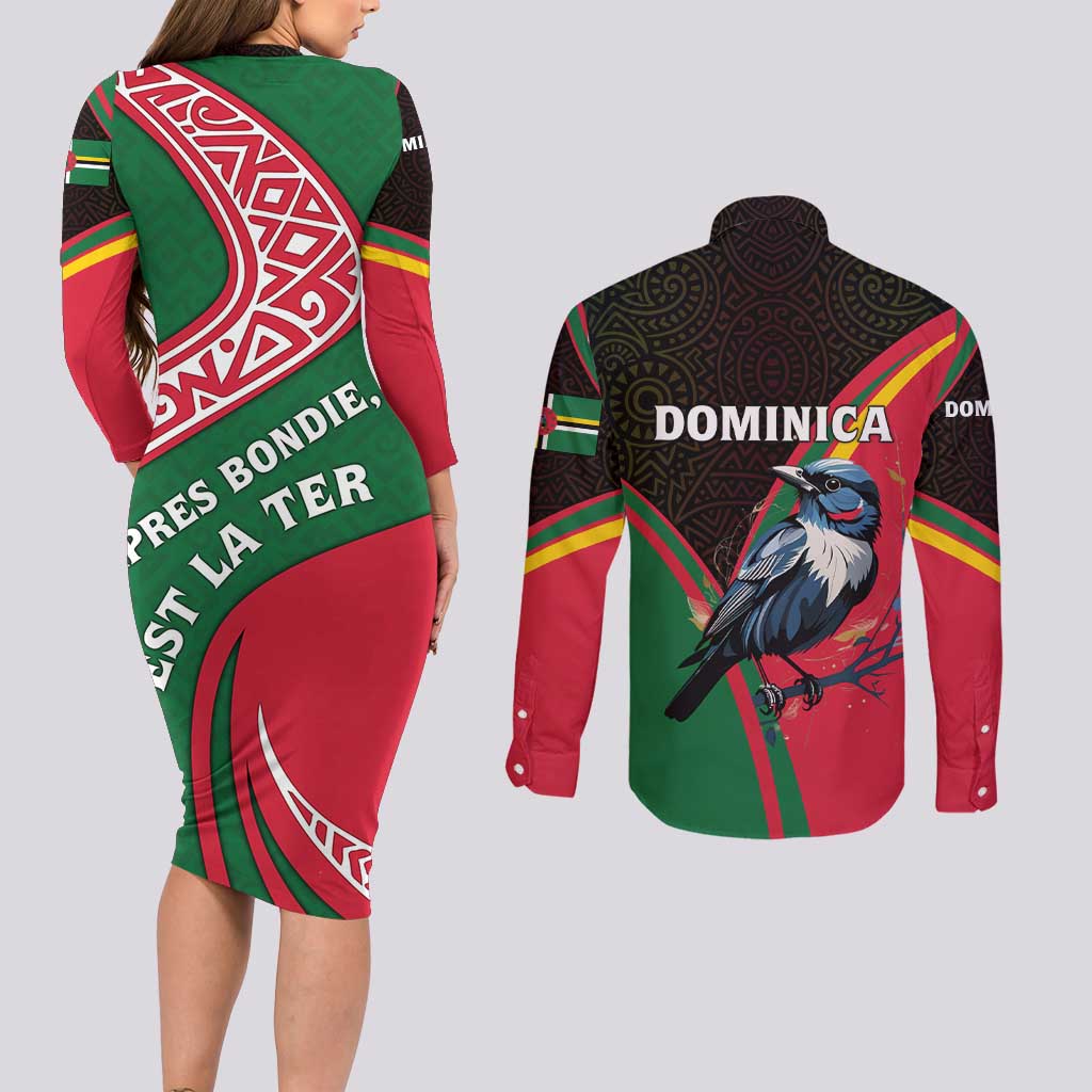 Dominica Couples Matching Long Sleeve Bodycon Dress and Long Sleeve Button Shirt with Sisserou Parrot and Tribal Pattern Design - Wonder Print Shop