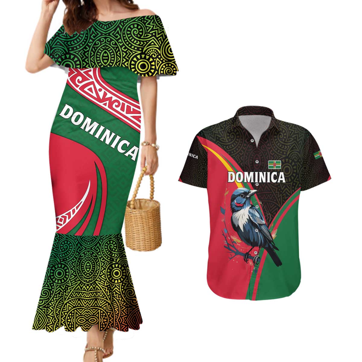 Dominica Couples Matching Mermaid Dress and Hawaiian Shirt with Sisserou Parrot and Tribal Pattern Design - Wonder Print Shop