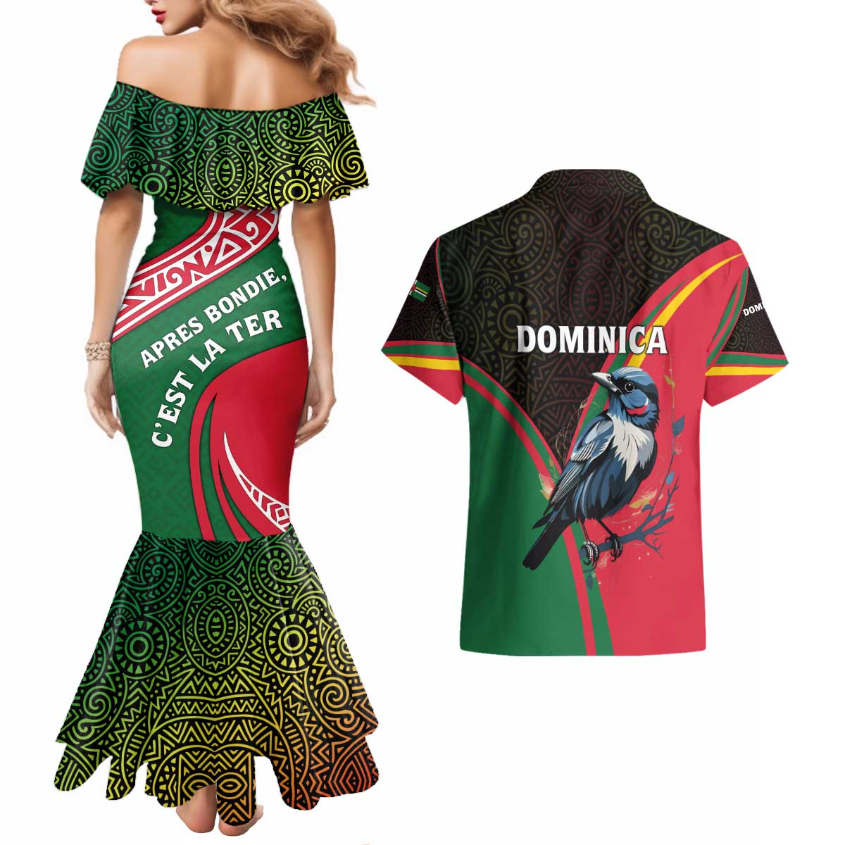 Dominica Couples Matching Mermaid Dress and Hawaiian Shirt with Sisserou Parrot and Tribal Pattern Design - Wonder Print Shop
