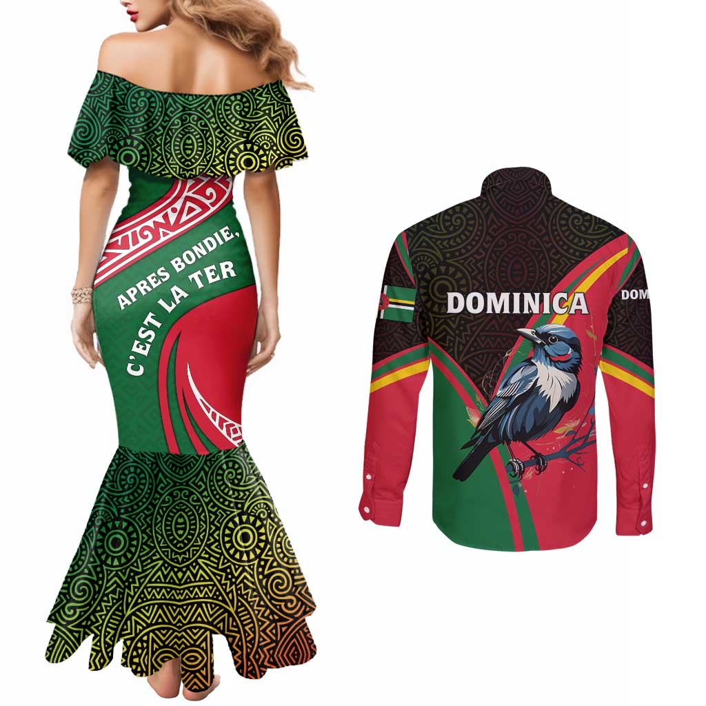 Dominica Couples Matching Mermaid Dress and Long Sleeve Button Shirt with Sisserou Parrot and Tribal Pattern Design - Wonder Print Shop