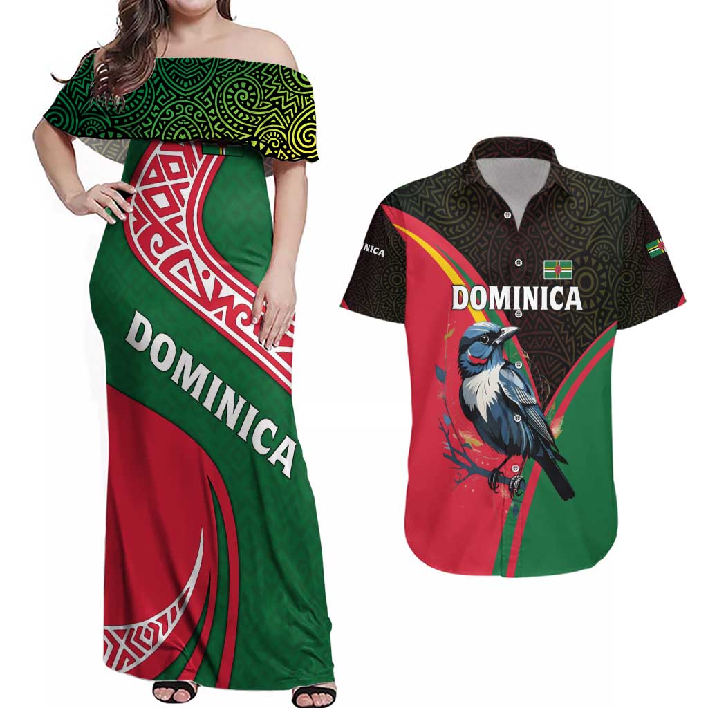 Dominica Couples Matching Off Shoulder Maxi Dress and Hawaiian Shirt with Sisserou Parrot and Tribal Pattern Design - Wonder Print Shop