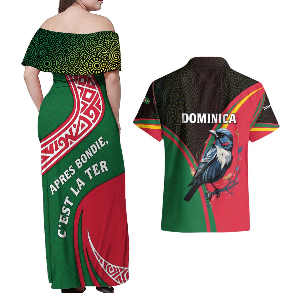 Dominica Couples Matching Off Shoulder Maxi Dress and Hawaiian Shirt with Sisserou Parrot and Tribal Pattern Design - Wonder Print Shop