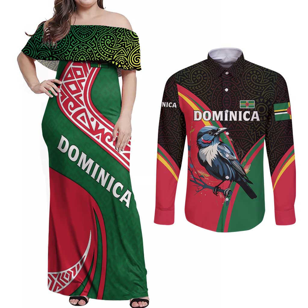Dominica Couples Matching Off Shoulder Maxi Dress and Long Sleeve Button Shirt with Sisserou Parrot and Tribal Pattern Design - Wonder Print Shop