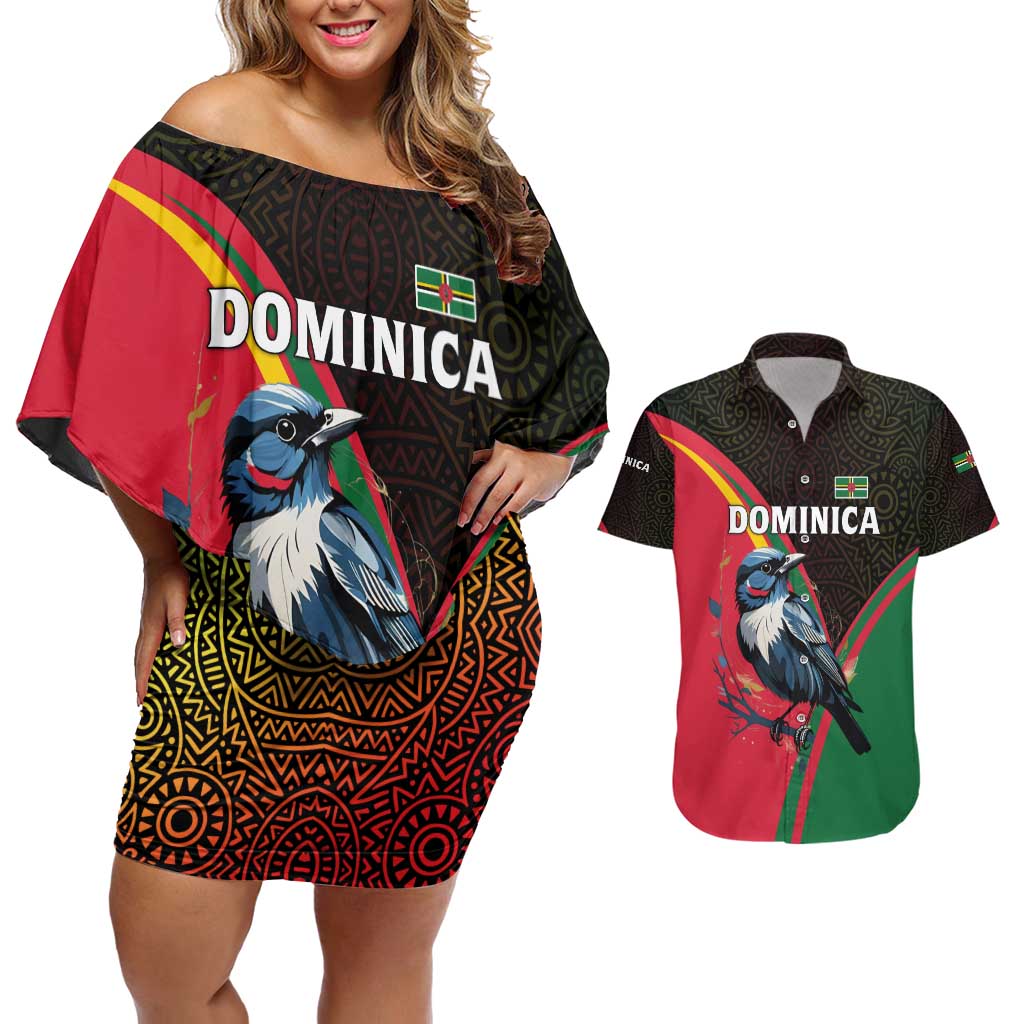 Dominica Couples Matching Off Shoulder Short Dress and Hawaiian Shirt with Sisserou Parrot and Tribal Pattern Design - Wonder Print Shop