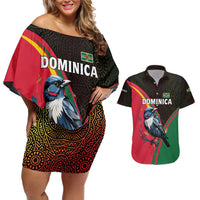 Dominica Couples Matching Off Shoulder Short Dress and Hawaiian Shirt with Sisserou Parrot and Tribal Pattern Design - Wonder Print Shop