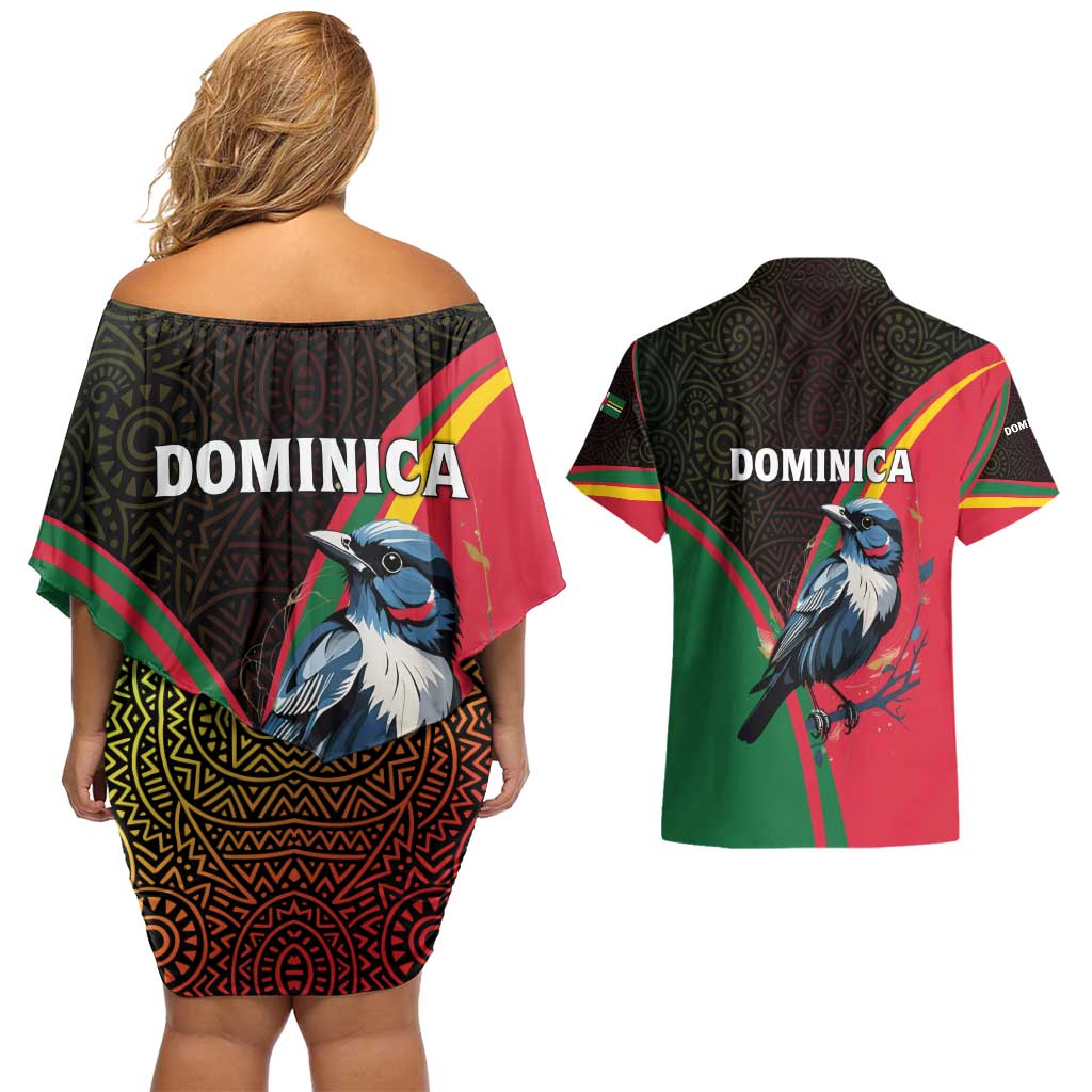 Dominica Couples Matching Off Shoulder Short Dress and Hawaiian Shirt with Sisserou Parrot and Tribal Pattern Design - Wonder Print Shop