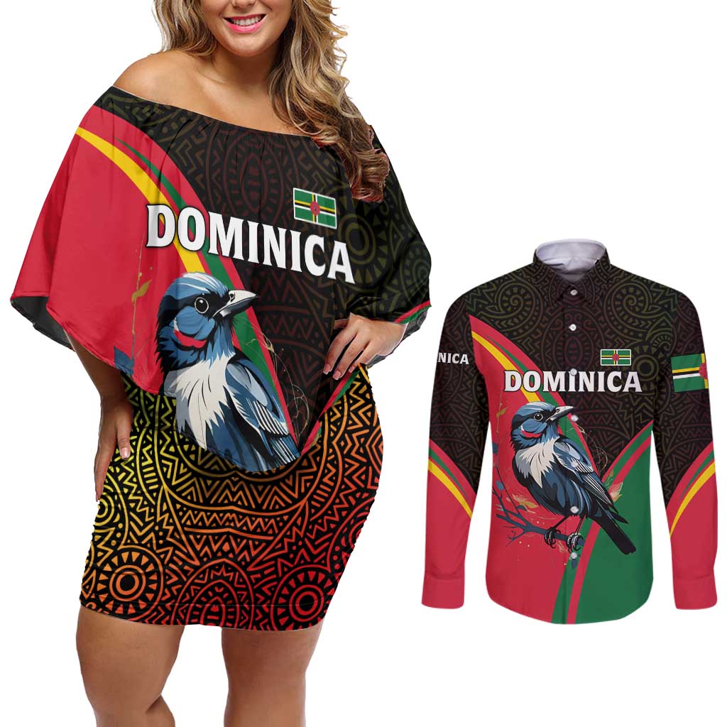 Dominica Couples Matching Off Shoulder Short Dress and Long Sleeve Button Shirt with Sisserou Parrot and Tribal Pattern Design - Wonder Print Shop