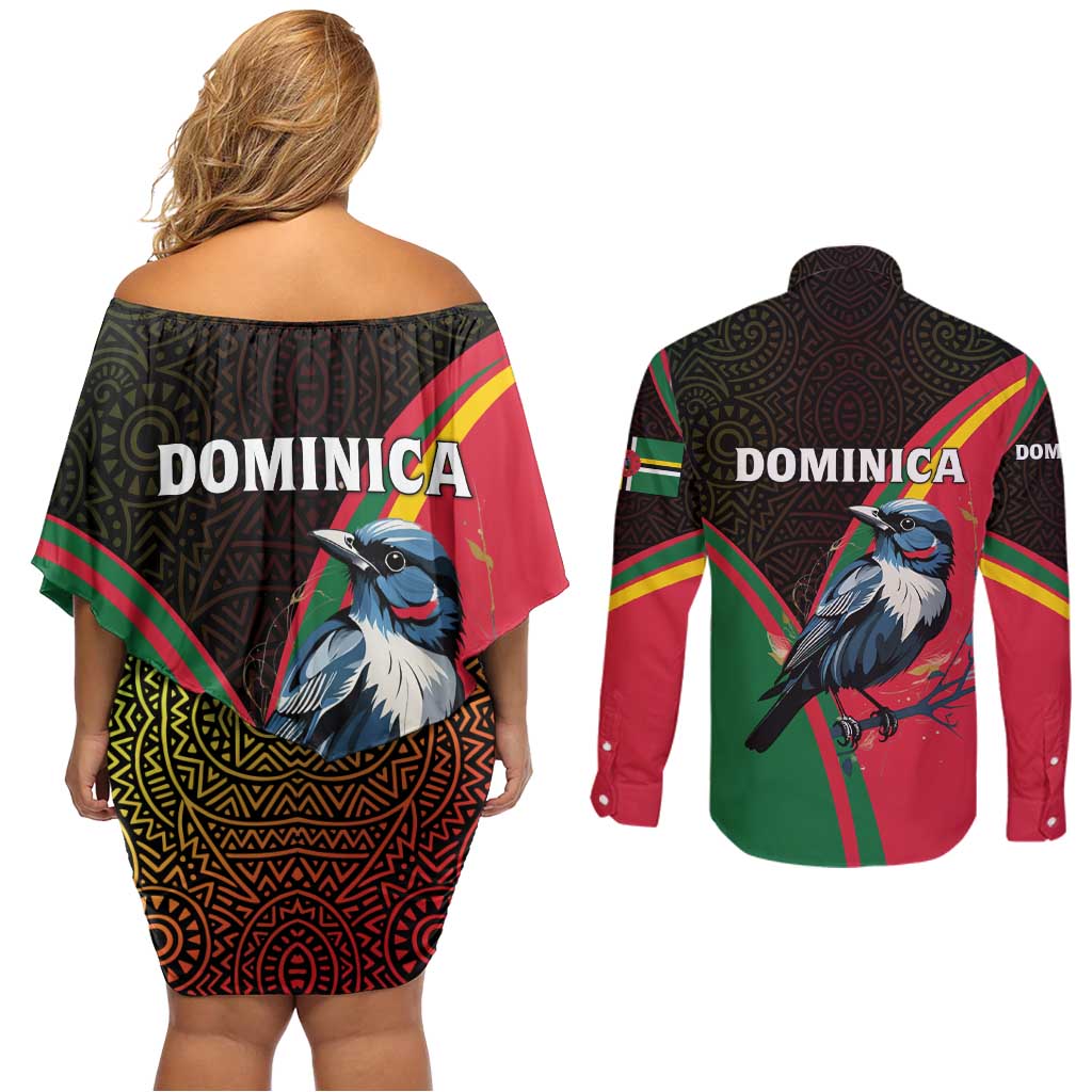 Dominica Couples Matching Off Shoulder Short Dress and Long Sleeve Button Shirt with Sisserou Parrot and Tribal Pattern Design - Wonder Print Shop