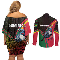 Dominica Couples Matching Off Shoulder Short Dress and Long Sleeve Button Shirt with Sisserou Parrot and Tribal Pattern Design - Wonder Print Shop