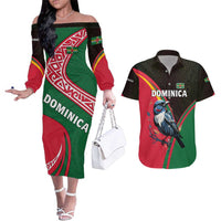 Dominica Couples Matching Off The Shoulder Long Sleeve Dress and Hawaiian Shirt with Sisserou Parrot and Tribal Pattern Design - Wonder Print Shop