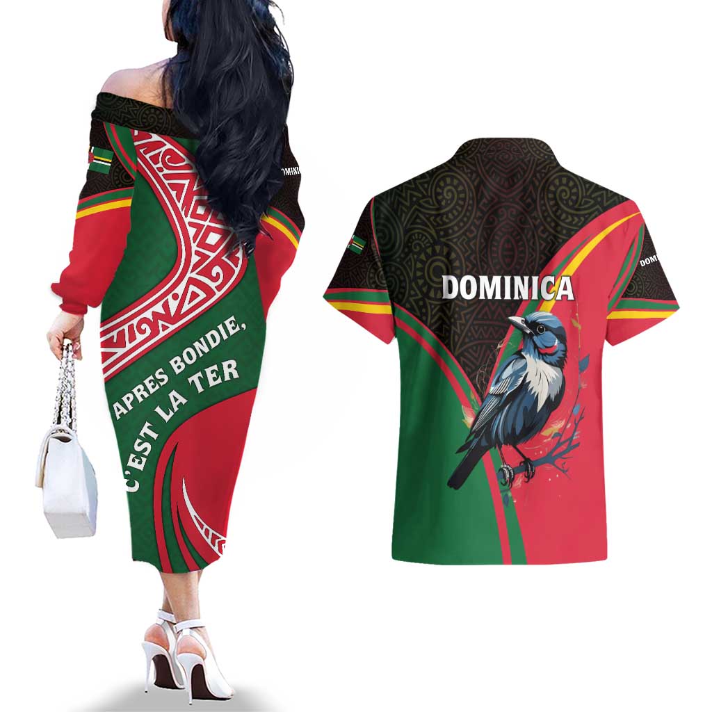 Dominica Couples Matching Off The Shoulder Long Sleeve Dress and Hawaiian Shirt with Sisserou Parrot and Tribal Pattern Design - Wonder Print Shop