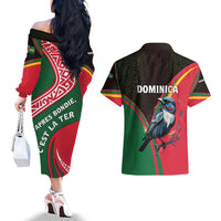 Dominica Couples Matching Off The Shoulder Long Sleeve Dress and Hawaiian Shirt with Sisserou Parrot and Tribal Pattern Design - Wonder Print Shop
