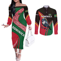 Dominica Couples Matching Off The Shoulder Long Sleeve Dress and Long Sleeve Button Shirt with Sisserou Parrot and Tribal Pattern Design - Wonder Print Shop