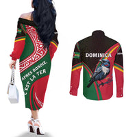 Dominica Couples Matching Off The Shoulder Long Sleeve Dress and Long Sleeve Button Shirt with Sisserou Parrot and Tribal Pattern Design - Wonder Print Shop