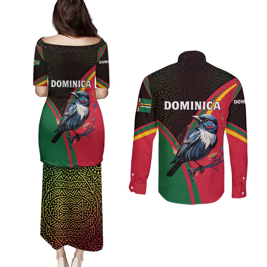 Dominica Couples Matching Puletasi and Long Sleeve Button Shirt with Sisserou Parrot and Tribal Pattern Design - Wonder Print Shop