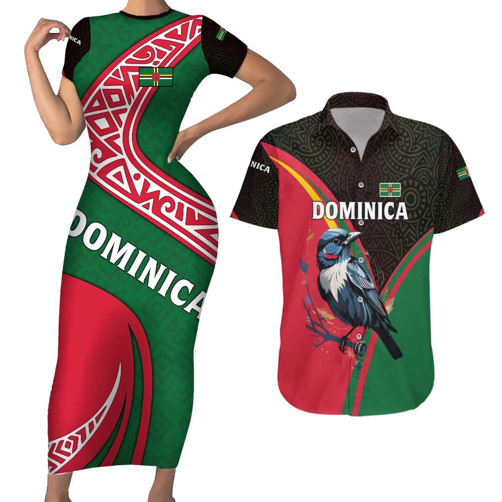 Dominica Couples Matching Short Sleeve Bodycon Dress and Hawaiian Shirt with Sisserou Parrot and Tribal Pattern Design - Wonder Print Shop