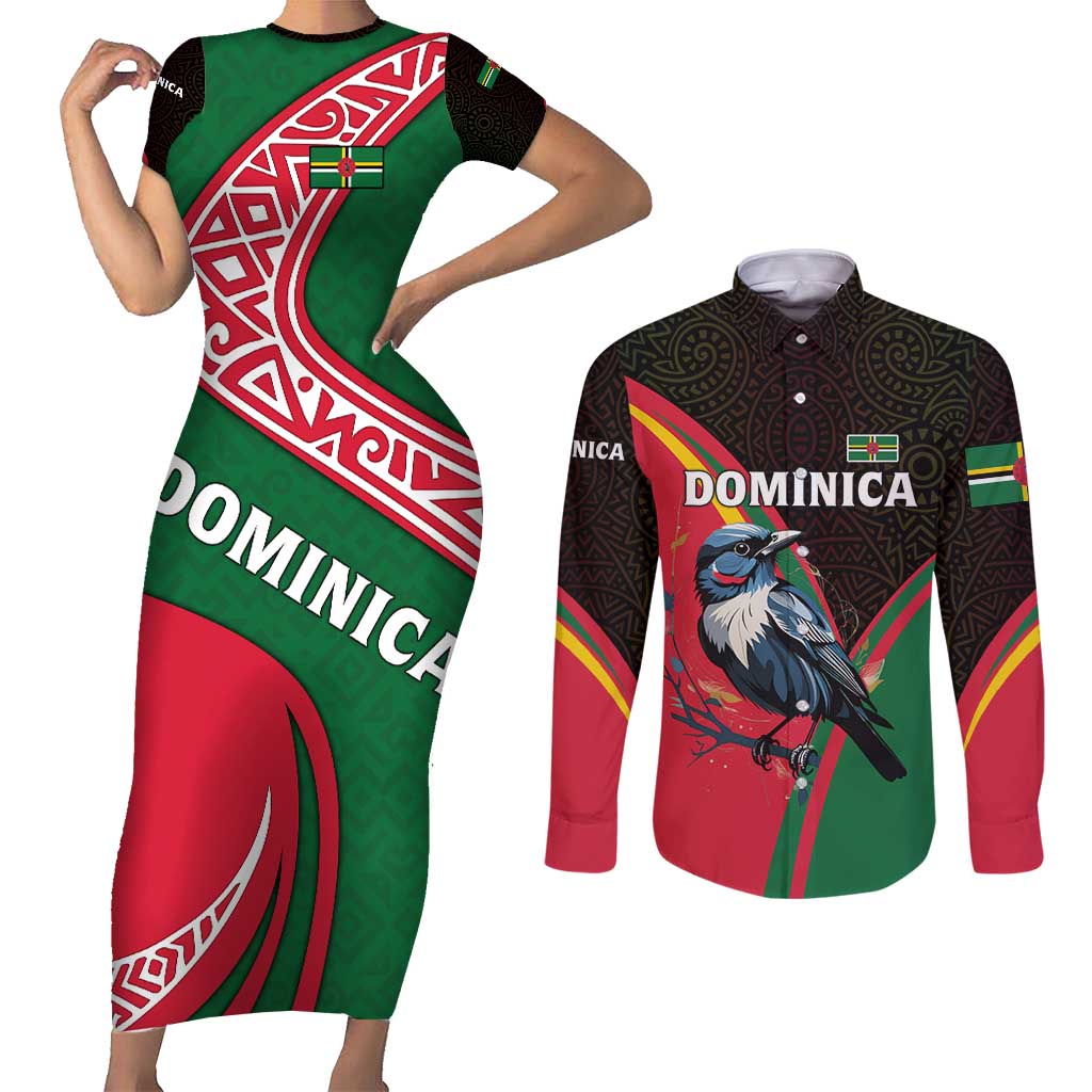 Dominica Couples Matching Short Sleeve Bodycon Dress and Long Sleeve Button Shirt with Sisserou Parrot and Tribal Pattern Design - Wonder Print Shop