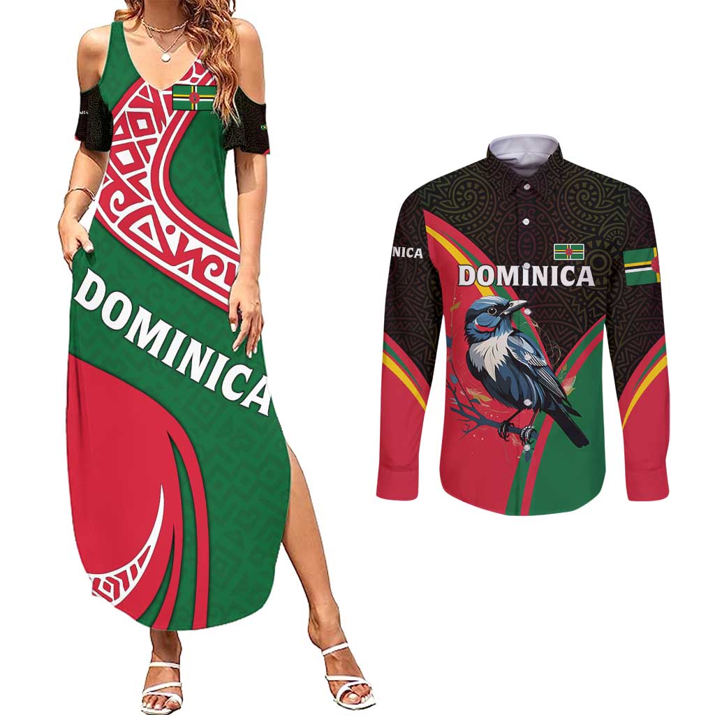 Dominica Couples Matching Summer Maxi Dress and Long Sleeve Button Shirt with Sisserou Parrot and Tribal Pattern Design - Wonder Print Shop