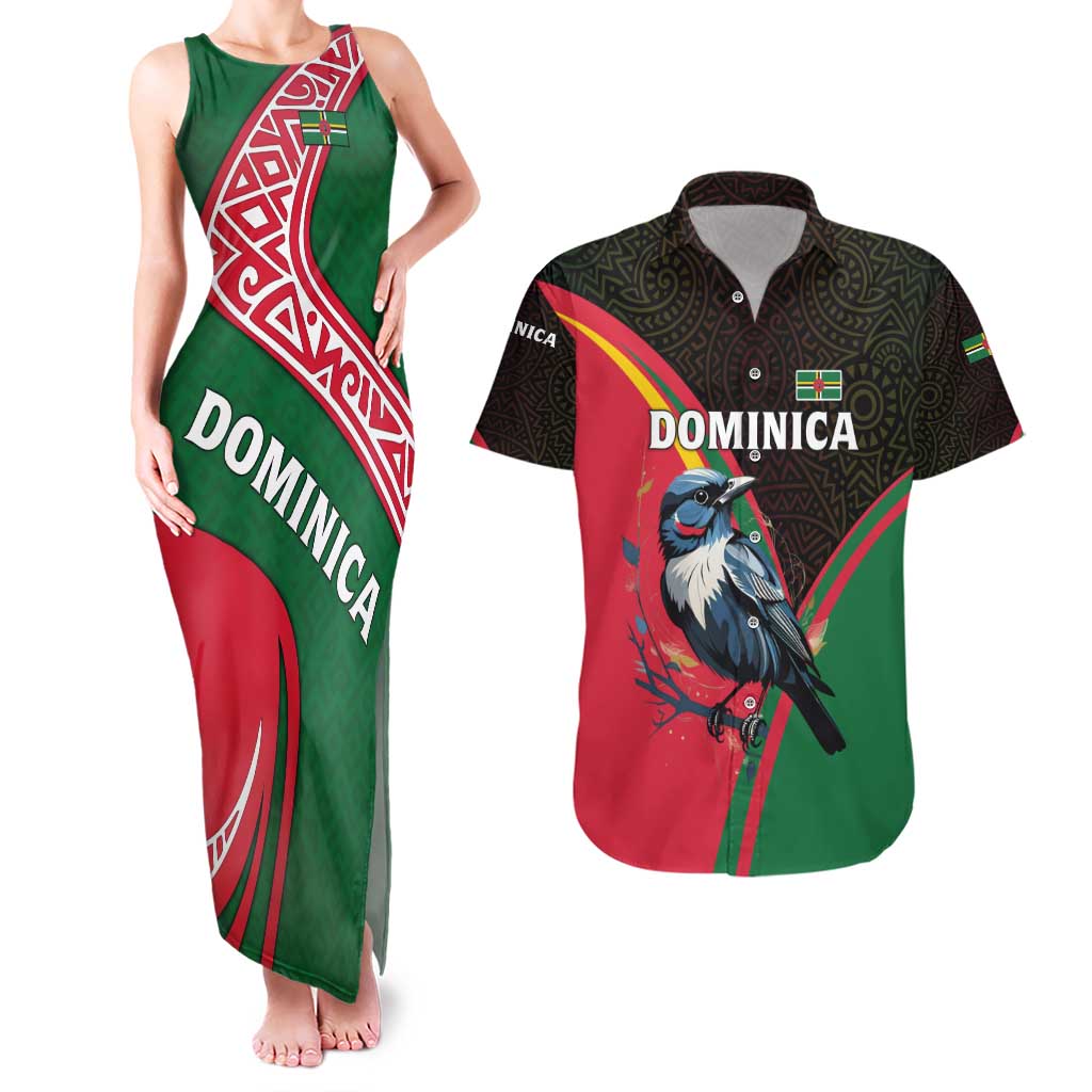 Dominica Couples Matching Tank Maxi Dress and Hawaiian Shirt with Sisserou Parrot and Tribal Pattern Design - Wonder Print Shop
