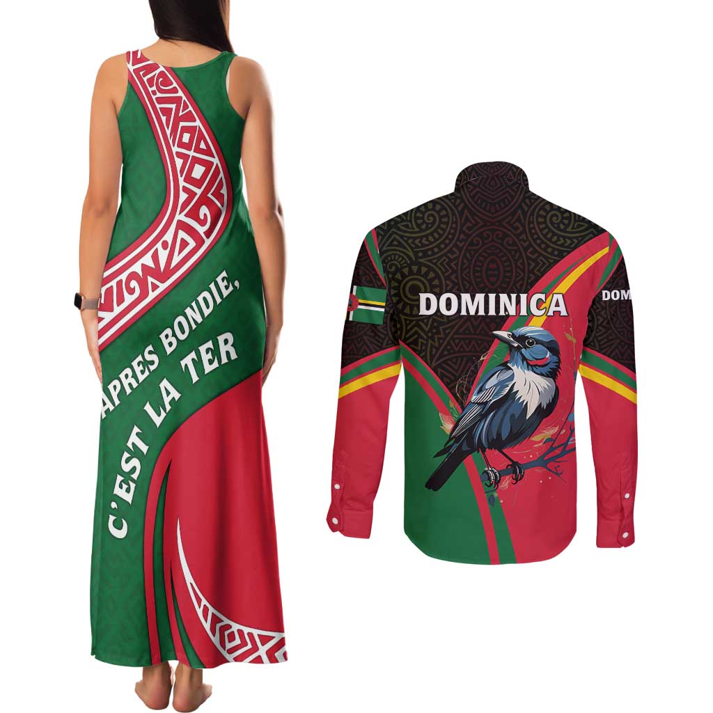 Dominica Couples Matching Tank Maxi Dress and Long Sleeve Button Shirt with Sisserou Parrot and Tribal Pattern Design - Wonder Print Shop