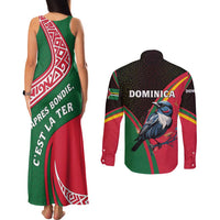 Dominica Couples Matching Tank Maxi Dress and Long Sleeve Button Shirt with Sisserou Parrot and Tribal Pattern Design - Wonder Print Shop