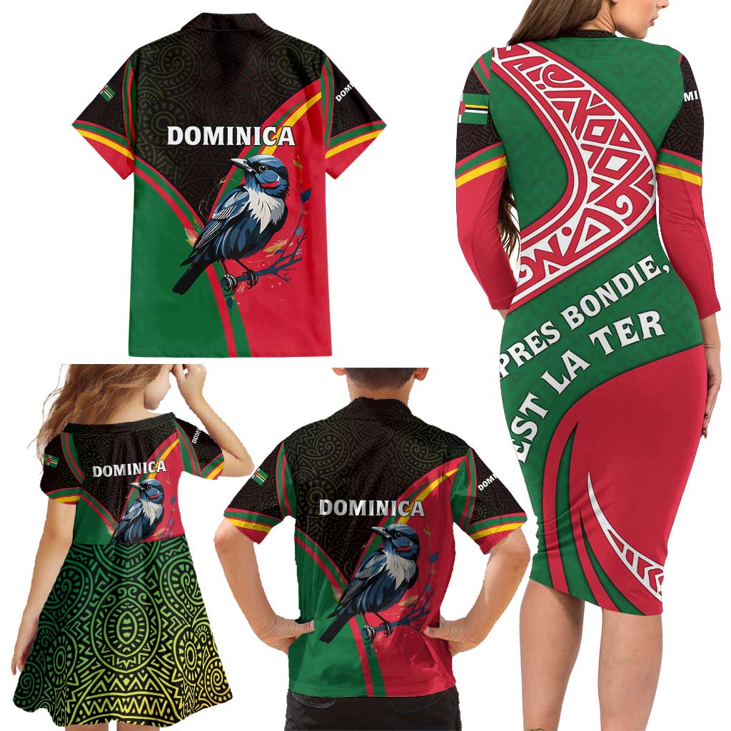 Dominica Family Matching Long Sleeve Bodycon Dress and Hawaiian Shirt with Sisserou Parrot and Tribal Pattern Design - Wonder Print Shop