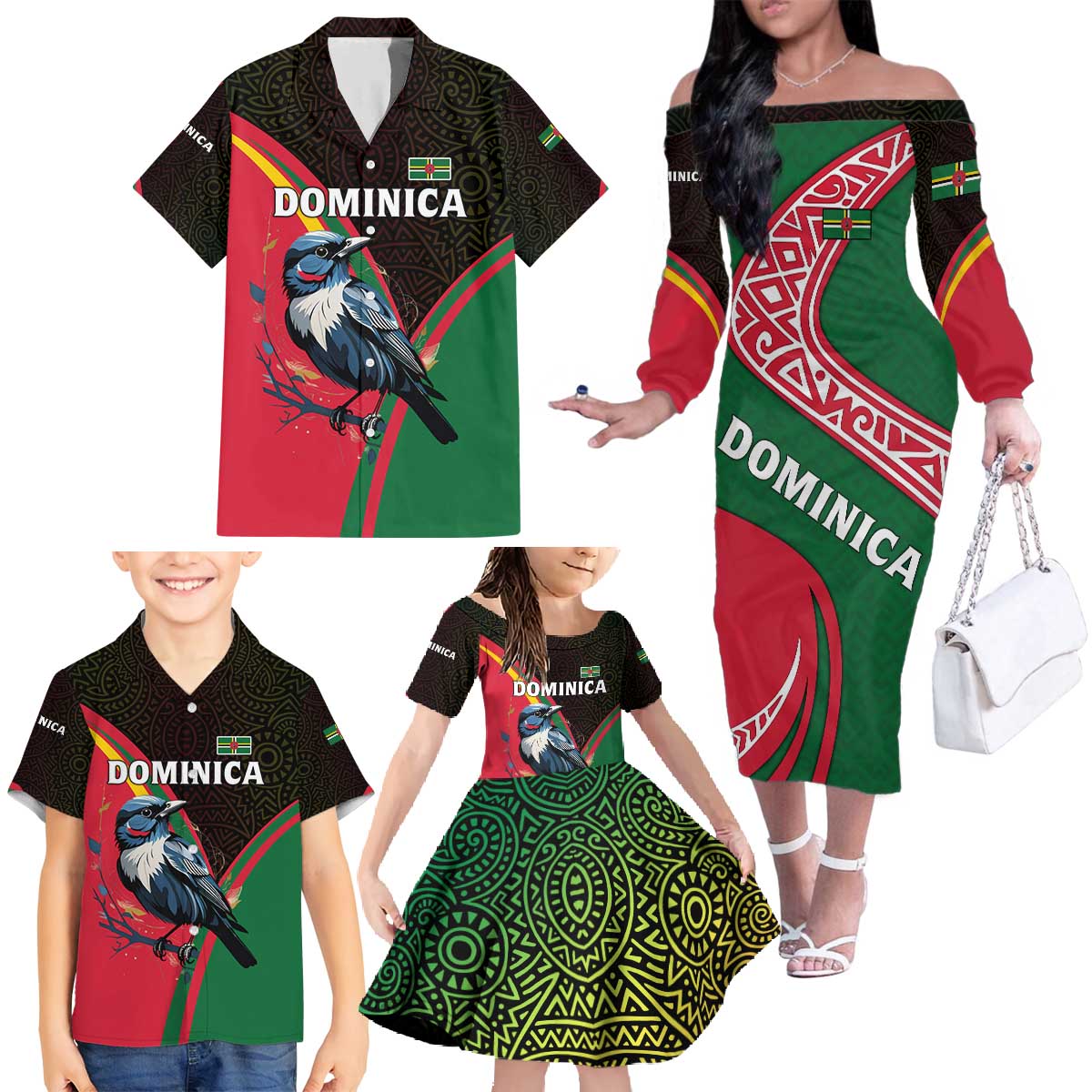 Dominica Family Matching Off The Shoulder Long Sleeve Dress and Hawaiian Shirt with Sisserou Parrot and Tribal Pattern Design - Wonder Print Shop