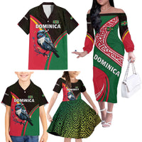 Dominica Family Matching Off The Shoulder Long Sleeve Dress and Hawaiian Shirt with Sisserou Parrot and Tribal Pattern Design - Wonder Print Shop