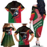 Dominica Family Matching Off The Shoulder Long Sleeve Dress and Hawaiian Shirt with Sisserou Parrot and Tribal Pattern Design - Wonder Print Shop