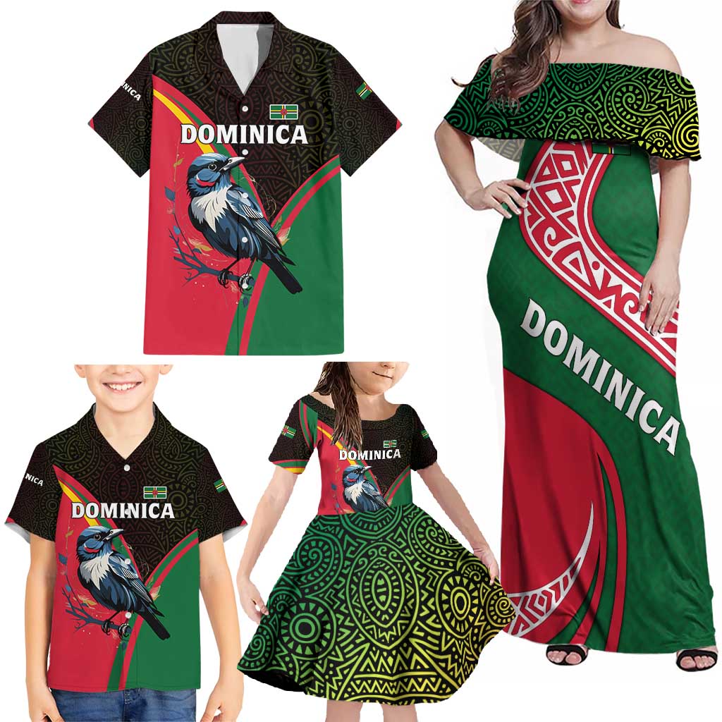 Dominica Family Matching Off Shoulder Maxi Dress and Hawaiian Shirt with Sisserou Parrot and Tribal Pattern Design - Wonder Print Shop
