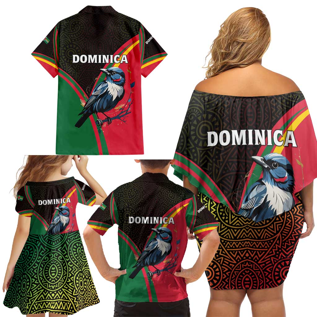 Dominica Family Matching Off Shoulder Short Dress and Hawaiian Shirt with Sisserou Parrot and Tribal Pattern Design - Wonder Print Shop
