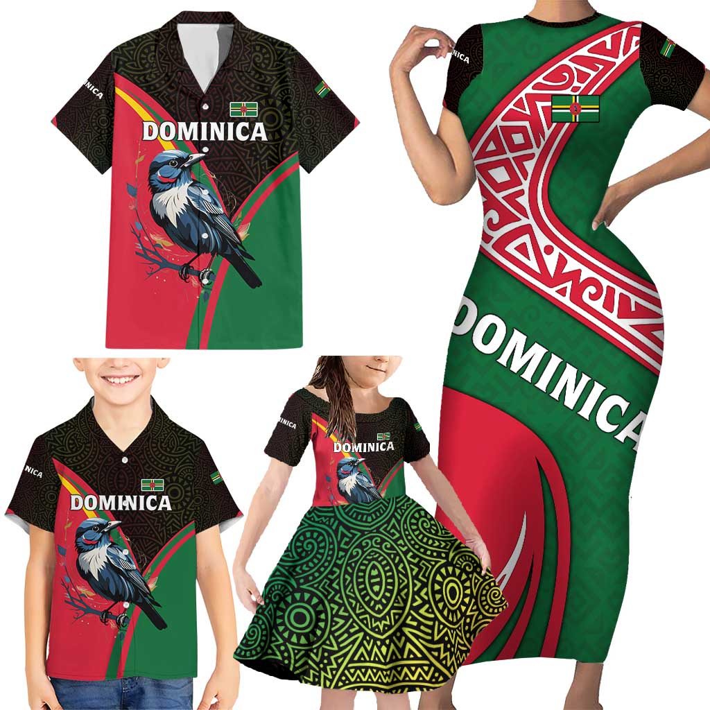 Dominica Family Matching Short Sleeve Bodycon Dress and Hawaiian Shirt with Sisserou Parrot and Tribal Pattern Design - Wonder Print Shop