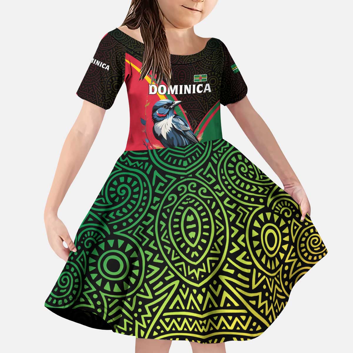 Dominica Kid Short Sleeve Dress with Sisserou Parrot and Tribal Pattern Design - Wonder Print Shop