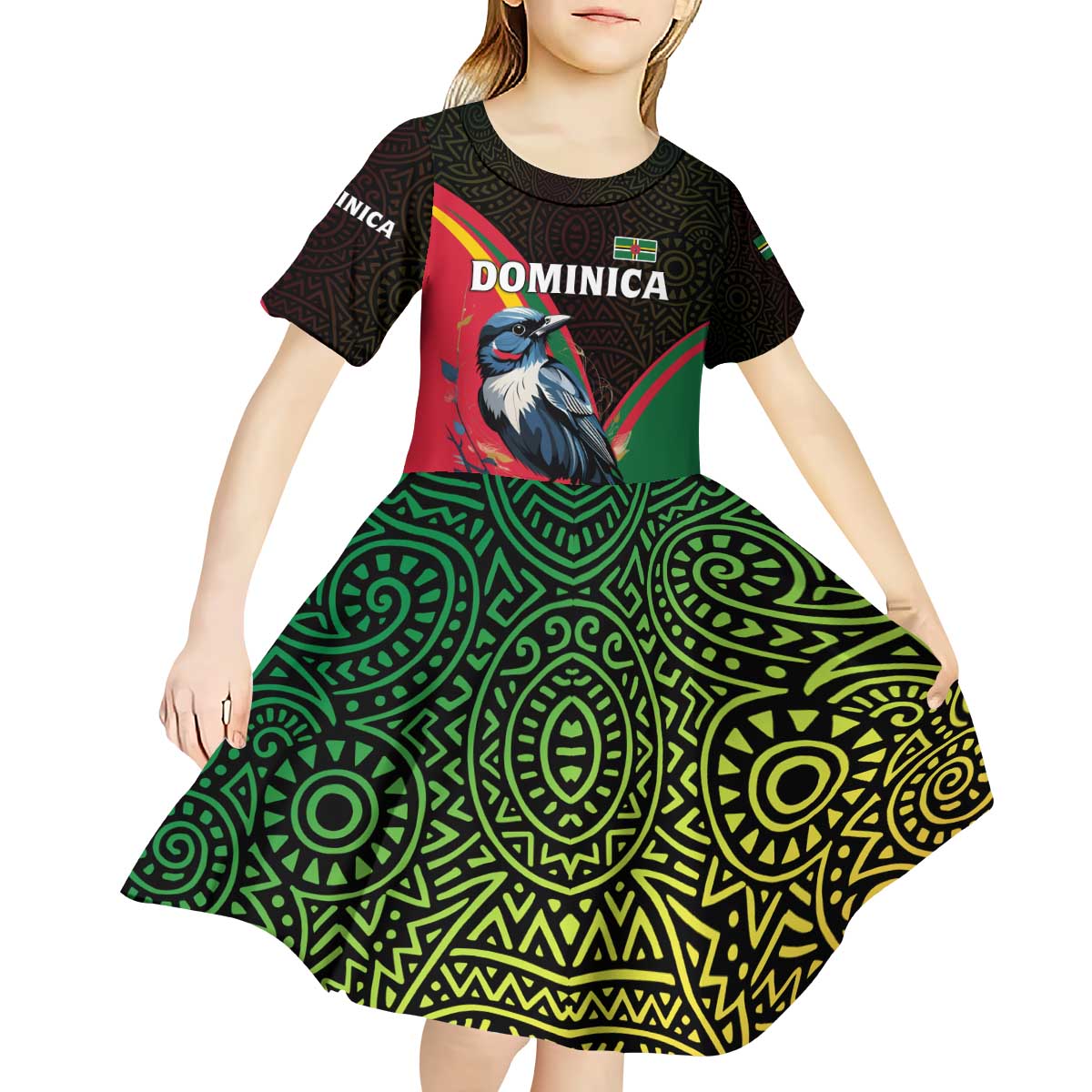 Dominica Kid Short Sleeve Dress with Sisserou Parrot and Tribal Pattern Design - Wonder Print Shop