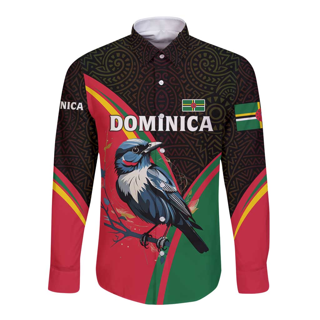 Dominica Long Sleeve Button Shirt with Sisserou Parrot and Tribal Pattern Design - Wonder Print Shop