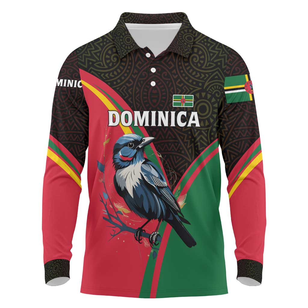 Dominica Long Sleeve Polo Shirt with Sisserou Parrot and Tribal Pattern Design - Wonder Print Shop