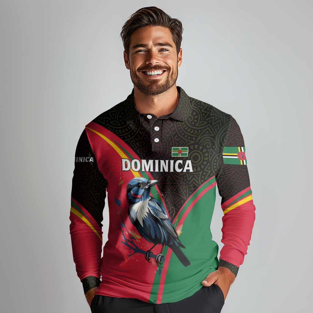 Dominica Long Sleeve Polo Shirt with Sisserou Parrot and Tribal Pattern Design - Wonder Print Shop