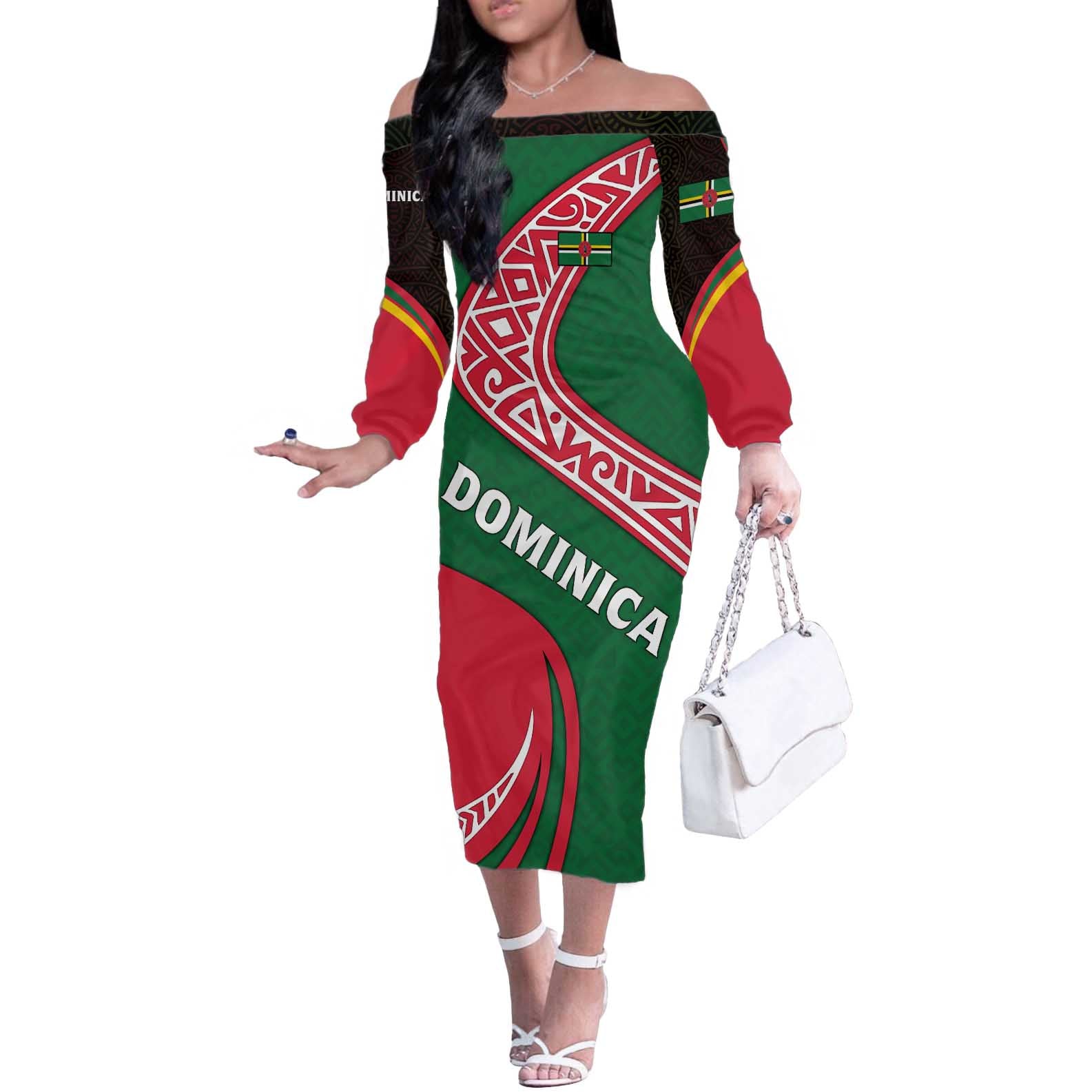 Dominica Off The Shoulder Long Sleeve Dress with Sisserou Parrot and Tribal Pattern Design - Wonder Print Shop