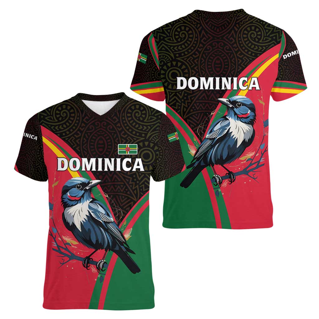 Dominica Women V-Neck T-Shirt with Sisserou Parrot and Tribal Pattern Design - Wonder Print Shop