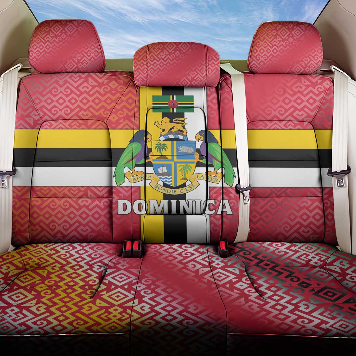 Dominica Flag Back Car Seat Cover Red Yellow and Black with Coat of Arms and National Motto Design - Wonder Print Shop